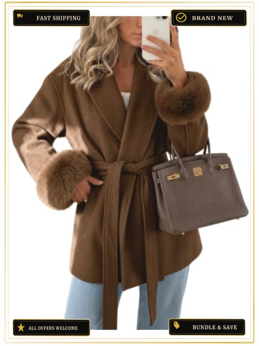Women's Winter Wrap Pea Coat Faux Fur Lapel Belted Overcoat
